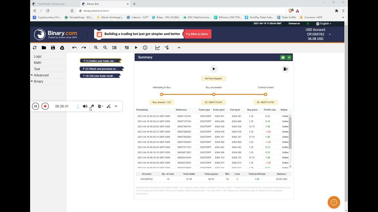 Binary.com e Deriv.com mais um dia de gain com o Bot Digit Differ mais TOP do Brasil.