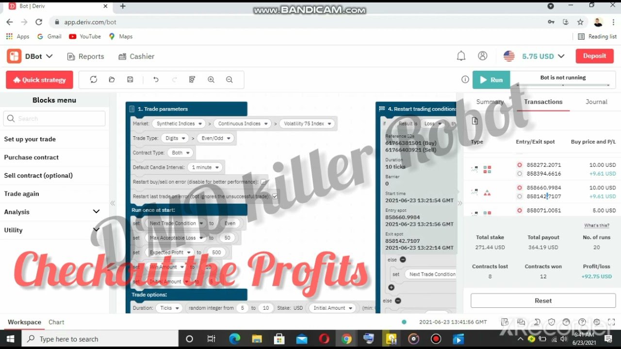 Deriv Robot makes $92 in minutes