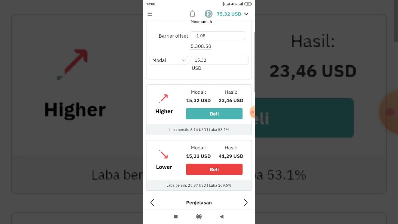 deriv.com, demo tehnik op di Hi / Lo barrier 54% , 61$ jadi 130 $ 5 x op