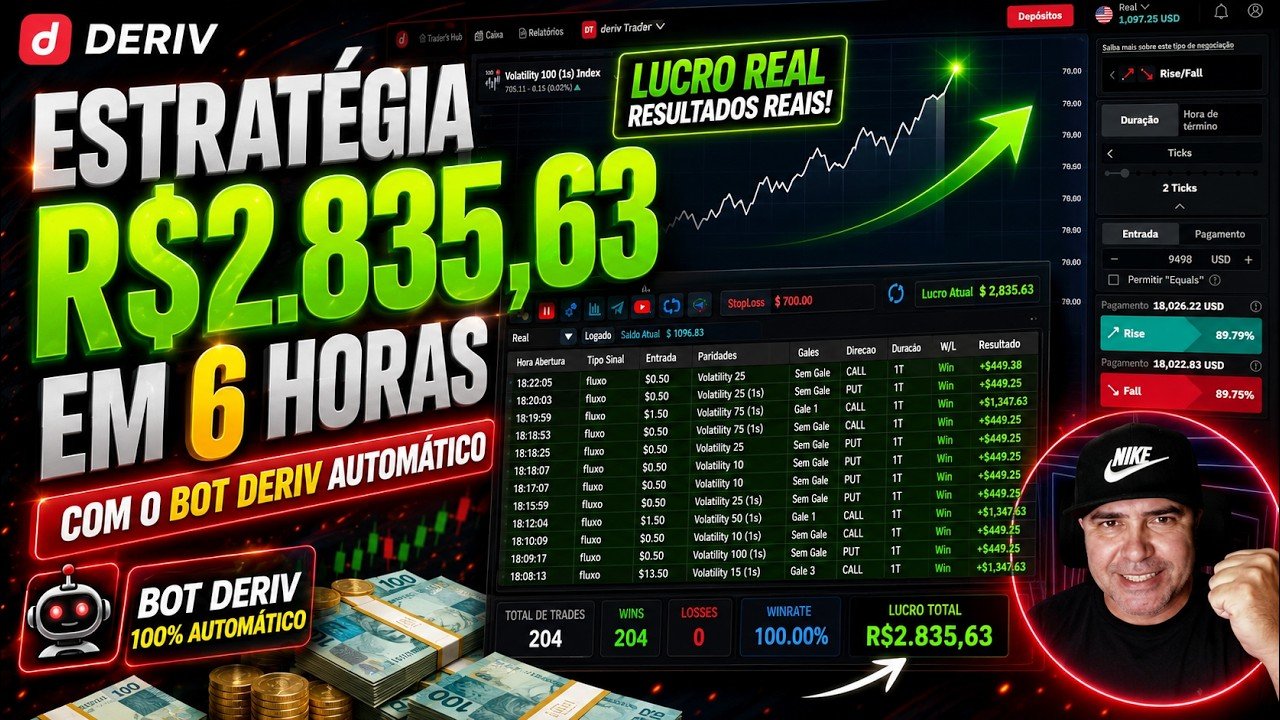 Estratégia deriv para fazer R$2.835,63 em 6 horas com o bot deriv automático.